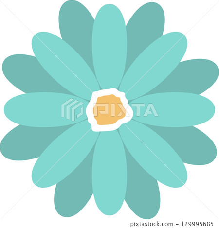A stylized, symmetrical flower design in shades of teal, with a golden-yellow center and white ring 129995685