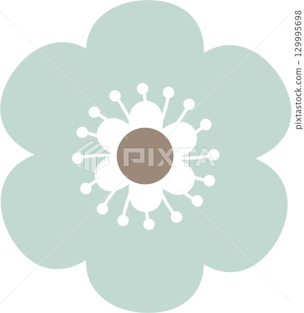 Stylized flower with soft blue petals, brown center, and white pistils, minimalist design. Stylized flower with soft blue petals, brown center, and white pistils, minimalist design. 129995698