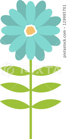 Whimsical light blue flower with a green stem and leaves isolated against a black background. Whimsical light blue flower with a green stem and leaves isolated against a black background. 129995701