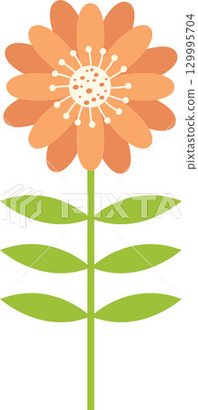 Stylized peach flower with green stem and leaves on a black background in a vector graphic. 129995704
