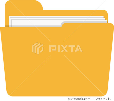Orange folder with paper documents, representing data storage, information, or digital archive. 129995719