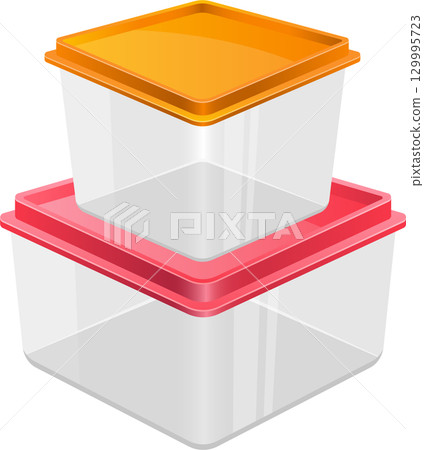 Stacked plastic containers with colorful lids, suitable for food storage in kitchen organization Stacked plastic containers with colorful lids, suitable for food storage in kitchen organization 129995723