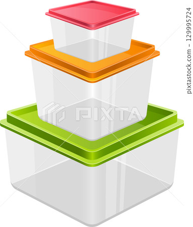 Stacked food containers with colored lids. Ideal for storing leftovers, lunches, or snacks. Stacked food containers with colored lids. Ideal for storing leftovers, lunches, or snacks. 129995724