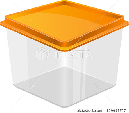 Isometric view of a transparent storage container with an orange lid for organization and storage. Isometric view of a transparent storage container with an orange lid for organization and storage. 129995727
