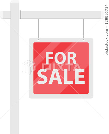 A red and white "FOR SALE" sign hangs from a white wooden post against a black background. 129995734