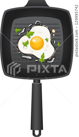 Sunny-side up egg cooked in a grill pan, garnished with parsley, ready to be savored! 129995742
