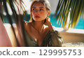 A woman is lost in thought on a sunny day with an ocean view. A beautiful woman gazes thoughtfully, framed by palm fronds with a serene sea backdrop, relaxation This is AI-generated item 129995753