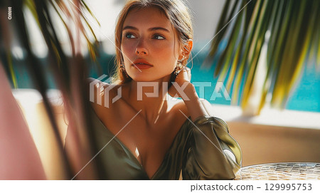 A woman is lost in thought on a sunny day with an ocean view. A beautiful woman gazes thoughtfully, framed by palm fronds with a serene sea backdrop, relaxation This is AI-generated item 129995753