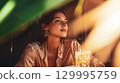A stunning woman enjoys a moment of peace in a stylish bar, bathed in warm light. A beautiful woman gazes upwards in a softly lit setting, possibly a bar or restaurant This is AI-generated item 129995759
