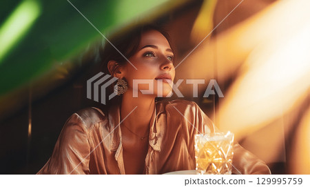 A stunning woman enjoys a moment of peace in a stylish bar, bathed in warm light. A beautiful woman gazes upwards in a softly lit setting, possibly a bar or restaurant This is AI-generated item 129995759
