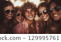 A joyful group of friends smiling for a portrait, enjoying a sunny day together. A group of young people, all smiling, pose for a photo while wearing sunglasses. This is AI-generated item 129995761