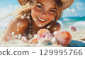 A happy girl with freckles smiles at the beach on a sunny summer day, surrounded by seashells. A smiling young girl with freckles enjoys a sunny day at the beach, seashells This is AI-generated item 129995766