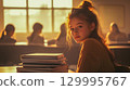A thoughtful student girl in a classroom, lit by warm sunlight with a stack of paper books. A teen in focus, other schoolchildren on background in defocus Back to the school This is AI-generated item 129995767