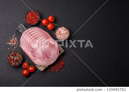 Sliced ham, meat, pork or turkey sausage for sandwiches. Ham slices, food 129995781