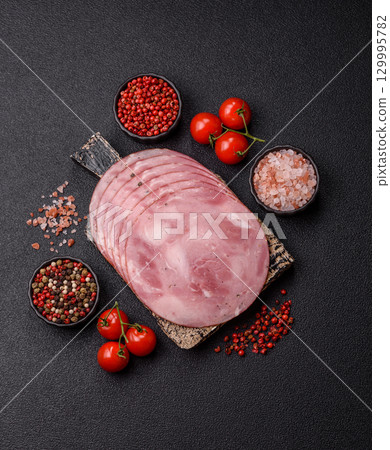Sliced ham, meat, pork or turkey sausage for sandwiches. Ham slices, food 129995782