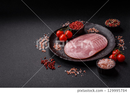 Sliced ham, meat, pork or turkey sausage for sandwiches. Ham slices, food 129995784