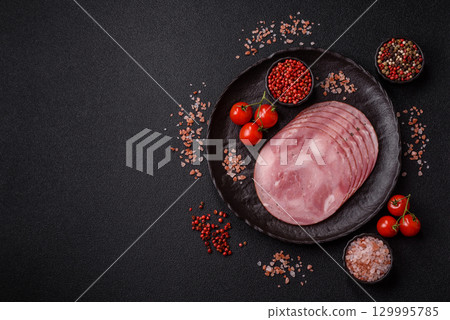 Sliced ham, meat, pork or turkey sausage for sandwiches. Ham slices, food Sliced ham, meat, pork or turkey sausage for sandwiches. Ham slices, food 129995785