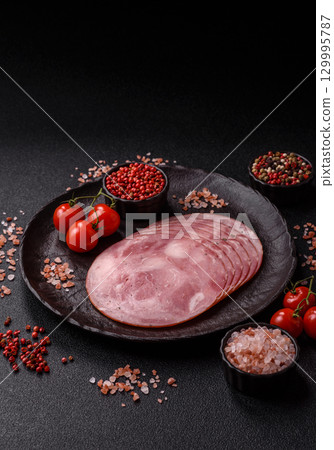 Sliced ham, meat, pork or turkey sausage for sandwiches. Ham slices, food 129995787