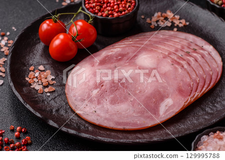 Sliced ham, meat, pork or turkey sausage for sandwiches. Ham slices, food Sliced ham, meat, pork or turkey sausage for sandwiches. Ham slices, food 129995788