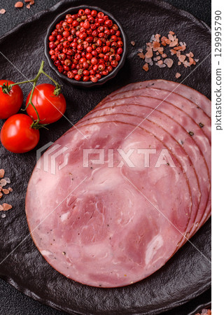 Sliced ham, meat, pork or turkey sausage for sandwiches. Ham slices, food 129995790