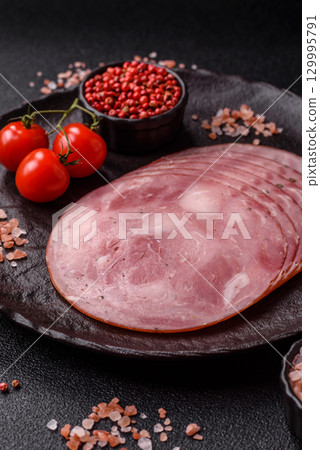 Sliced ham, meat, pork or turkey sausage for sandwiches. Ham slices, food 129995791