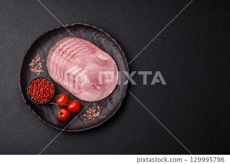 Sliced ham, meat, pork or turkey sausage for sandwiches. Ham slices, food 129995796