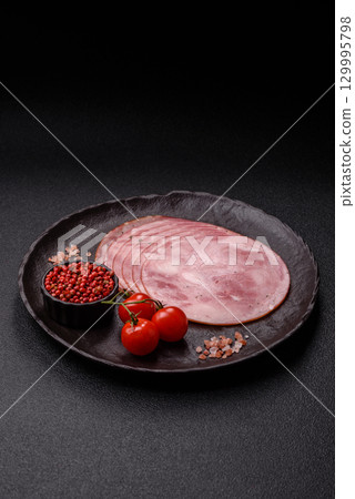 Sliced ham, meat, pork or turkey sausage for sandwiches. Ham slices, food 129995798