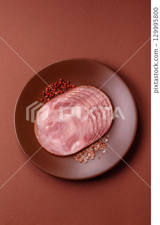 Sliced ham, meat, pork or turkey sausage for sandwiches. Ham slices, food Sliced ham, meat, pork or turkey sausage for sandwiches. Ham slices, food 129995800