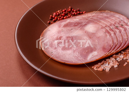 Sliced ham, meat, pork or turkey sausage for sandwiches. Ham slices, food Sliced ham, meat, pork or turkey sausage for sandwiches. Ham slices, food 129995802