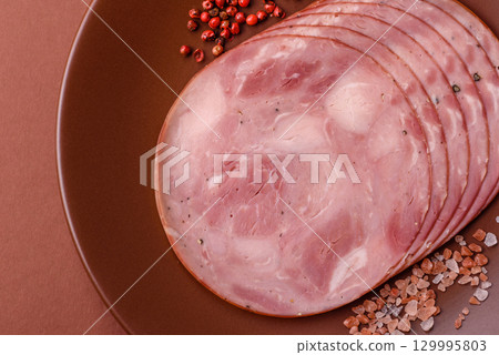 Sliced ham, meat, pork or turkey sausage for sandwiches. Ham slices, food 129995803