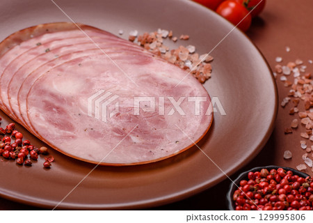 Sliced ham, meat, pork or turkey sausage for sandwiches. Ham slices, food Sliced ham, meat, pork or turkey sausage for sandwiches. Ham slices, food 129995806