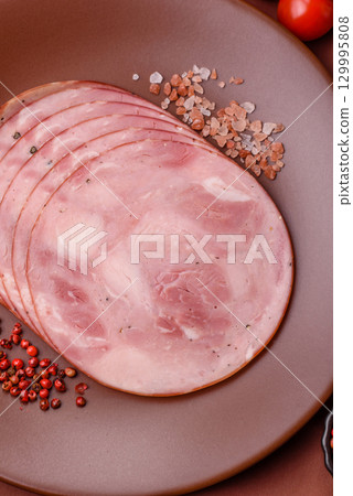 Sliced ham, meat, pork or turkey sausage for sandwiches. Ham slices, food 129995808