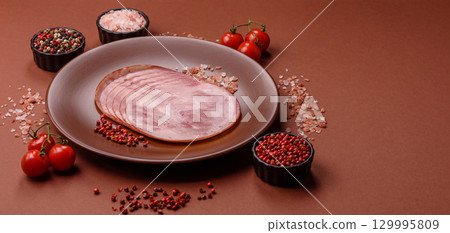 Sliced ham, meat, pork or turkey sausage for sandwiches. Ham slices, food Sliced ham, meat, pork or turkey sausage for sandwiches. Ham slices, food 129995809