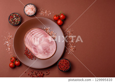 Sliced ham, meat, pork or turkey sausage for sandwiches. Ham slices, food 129995810