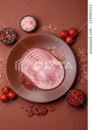 Sliced ham, meat, pork or turkey sausage for sandwiches. Ham slices, food 129995811