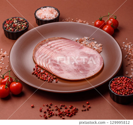 Sliced ham, meat, pork or turkey sausage for sandwiches. Ham slices, food 129995812
