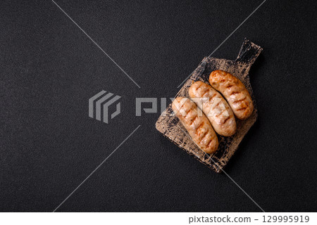 Grilled chicken or beef sausages, a hot meat dish. Barbecued sausages 129995919