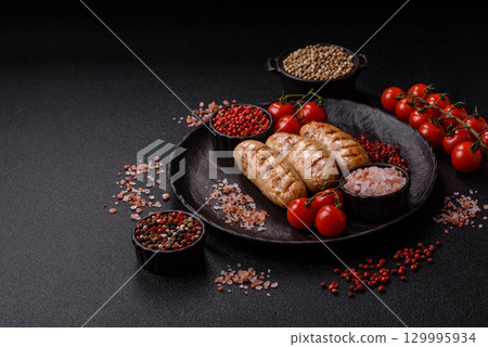 Grilled chicken or beef sausages, a hot meat dish. Barbecued sausages 129995934