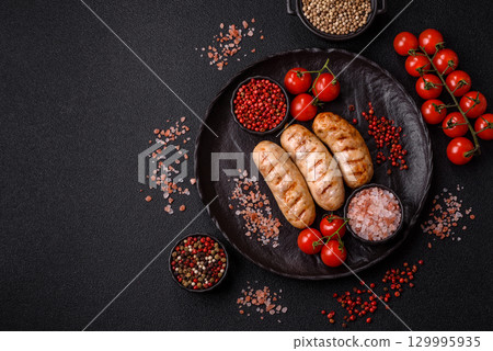 Grilled chicken or beef sausages, a hot meat dish. Barbecued sausages 129995935