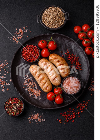 Grilled chicken or beef sausages, a hot meat dish. Barbecued sausages 129995936