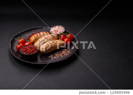 Grilled chicken or beef sausages, a hot meat dish. Barbecued sausages Grilled chicken or beef sausages, a hot meat dish. Barbecued sausages 129995946