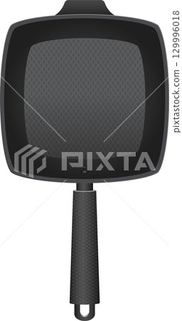 Illustration of a nonstick frying pan featuring a square shape and textured handle on dark backdrop. 129996018