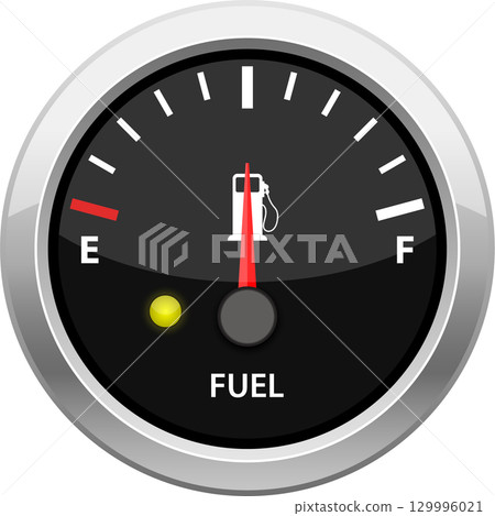 Illustration of a fuel gauge on near full, signaling adequate level with a yellow indicator light Illustration of a fuel gauge on near full, signaling adequate level with a yellow indicator light 129996021