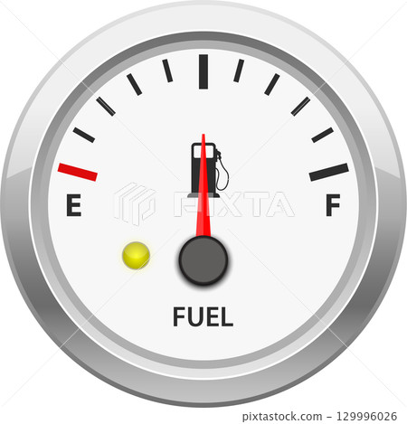 Fuel gauge showing low fuel level, emphasizing need for refueling at a gas station soon. Fuel gauge showing low fuel level, emphasizing need for refueling at a gas station soon. 129996026