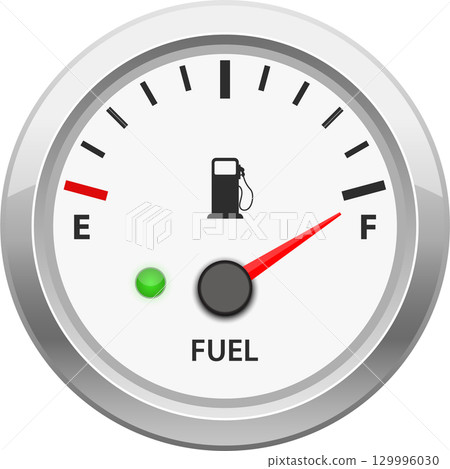 Fuel gauge showing a full tank, displayed with a red needle on the 'F' mark, ready to go. Fuel gauge showing a full tank, displayed with a red needle on the 'F' mark, ready to go. 129996030