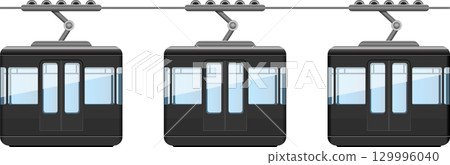 Three cable cars suspended from a cable, ready to transport passengers with a scenic view. 129996040