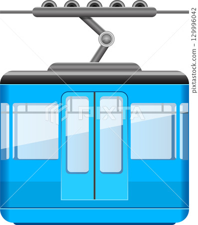 A vibrant blue sky tram with a grey cable system, isolated against a stark black backdrop. 129996042