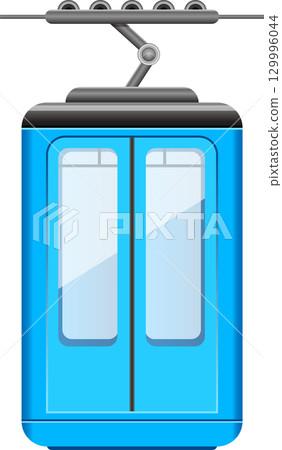 Cartoon style blue cable car hanging from a cable, ready to transport passengers to a high place. 129996044
