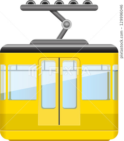 Bright yellow aerial tram car with clear windows and a black roof, suspended from a gray cable. 129996046