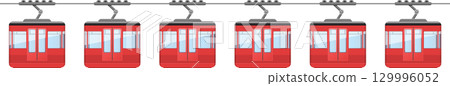 Row of red cable cars hanging from a cable above, ready to transport people up the mountain. 129996052